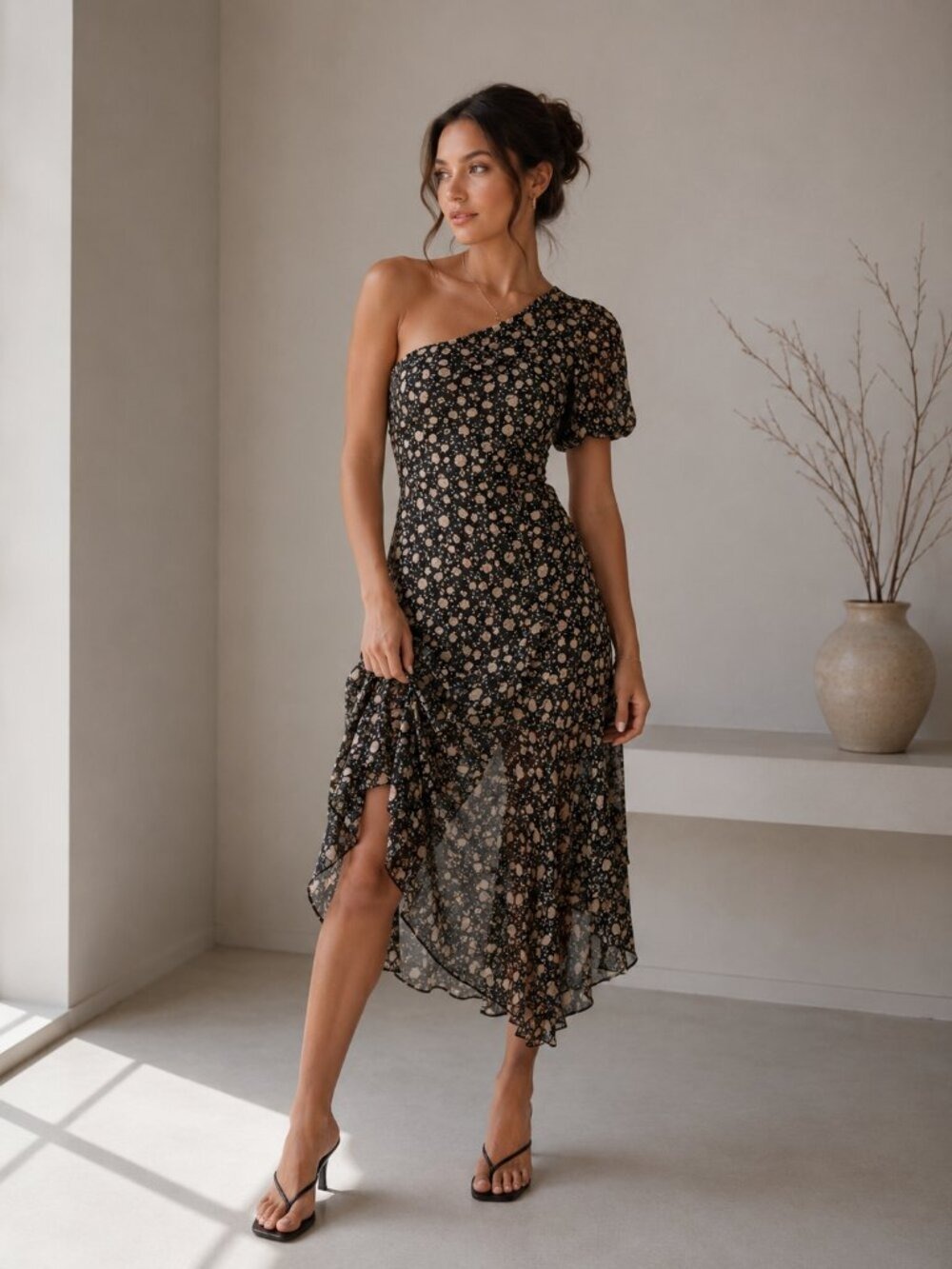*ASTR The Label Santorini One Shoulder Floral Midi Dress Black Taupe M 0560
